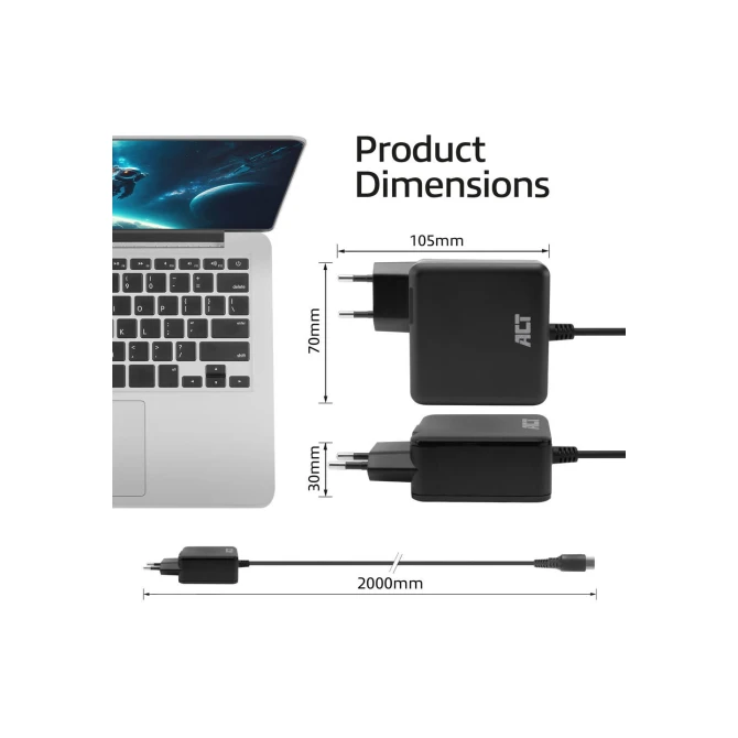 ACT USB-C laptoplader 100W met Power Delivery-profielen, 2 m