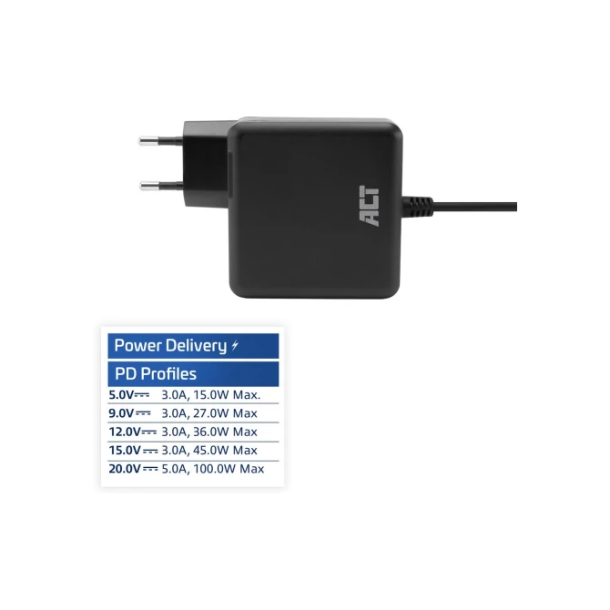 ACT USB-C laptoplader 100W met Power Delivery-profielen, 2 m