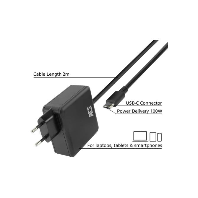 ACT USB-C laptoplader 100W met Power Delivery-profielen, 2 m