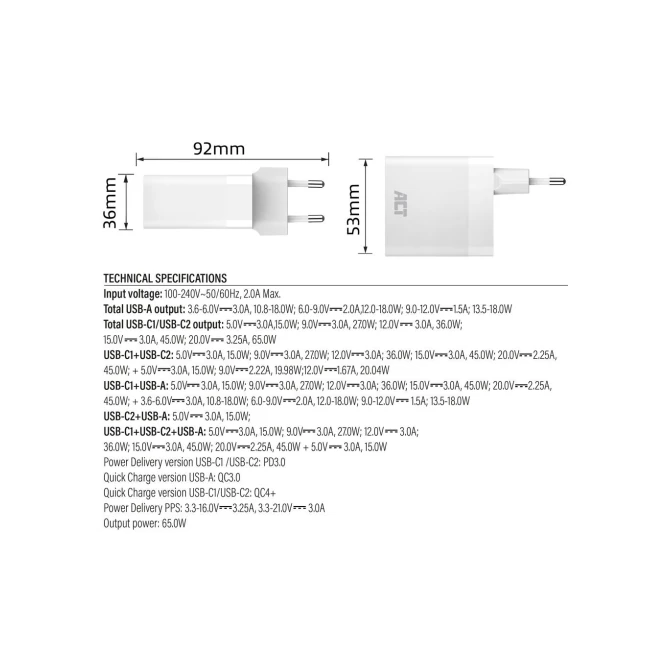 ACT USB-C/USB-A lader 65W 3-poorts met Power Delivery PPS, Q