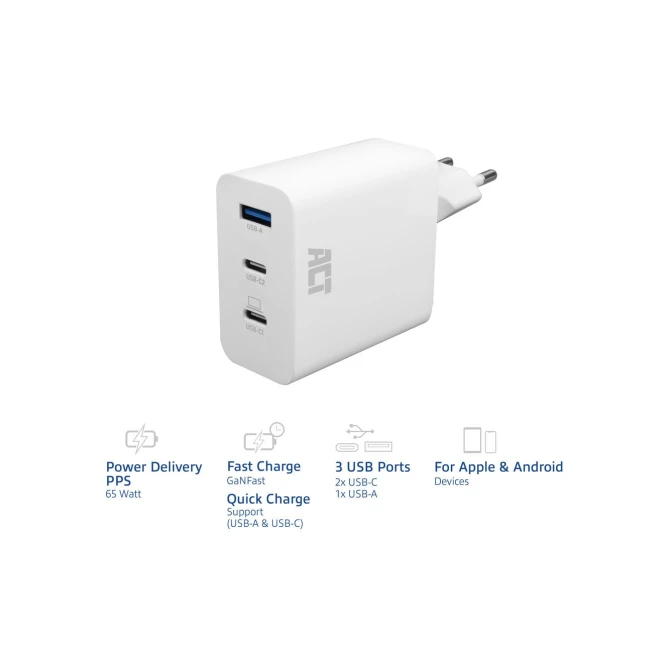 ACT USB-C/USB-A lader 65W 3-poorts met Power Delivery PPS, Q