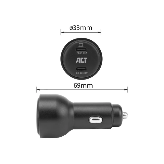 ACT 2-poorts USB-C fast charge autolader 95W met Power Deliv
