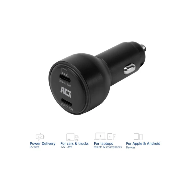 ACT 2-poorts USB-C fast charge autolader 95W met Power Deliv