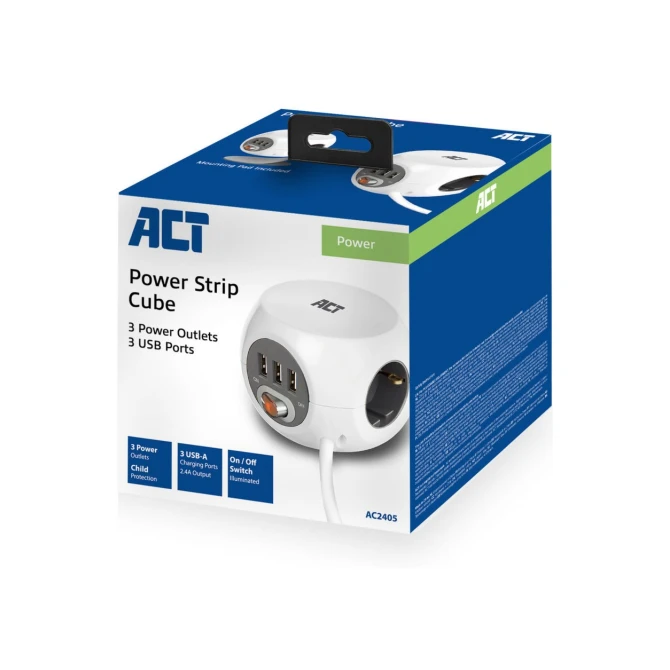 ACT AC2405 | Stekkerdoos | 3 Stopcontacten | 1,5 m | Binnen | Wit