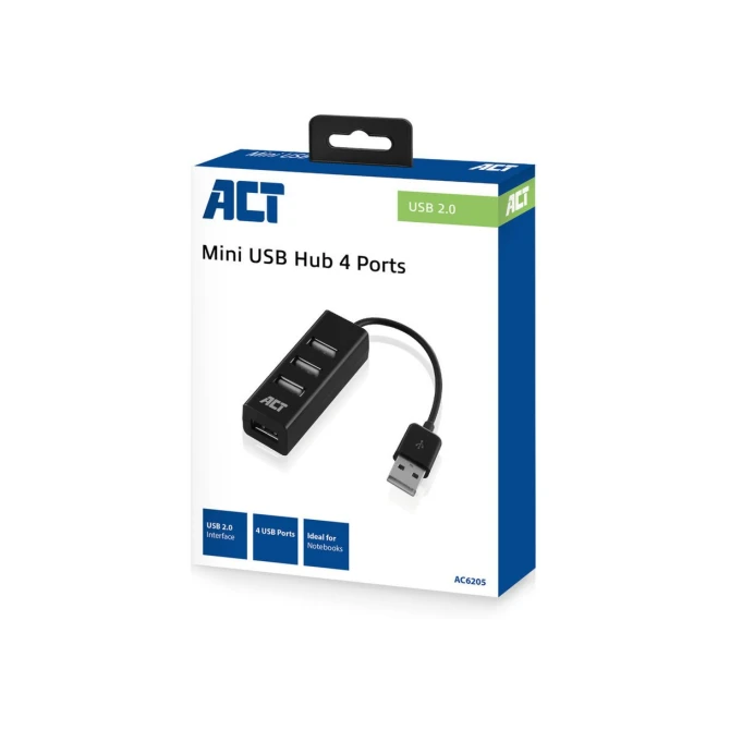 ACT AC6205 interface hub USB 2.0 480 Mbit/s Zwart