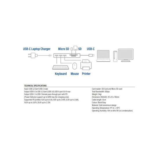 ACT AC7050 3-Poorts USB-C 3.2 Gen1 (USB 3.0) Hub met kaartle