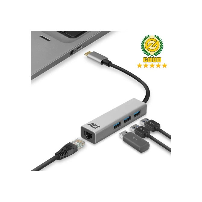 ACT USB-C to USB-A Hub 3 ports with Gigabit Ethernet, metal