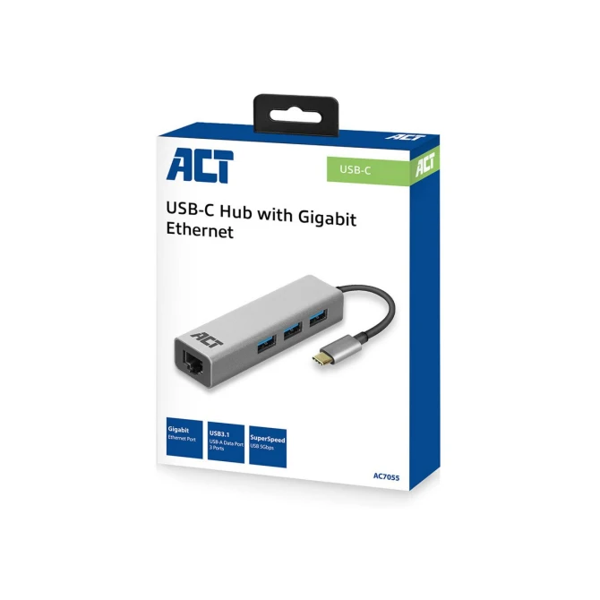 ACT USB-C to USB-A Hub 3 ports with Gigabit Ethernet, metal