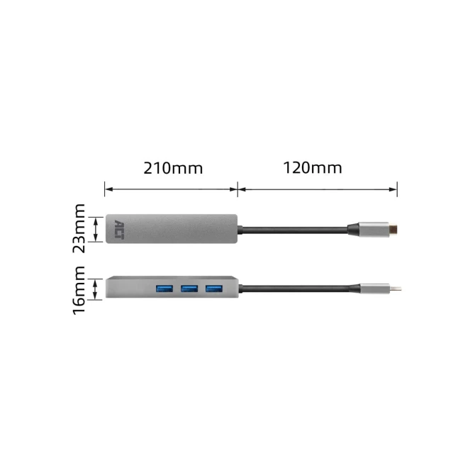 ACT USB-C to USB-A Hub 3 ports with Gigabit Ethernet, metal