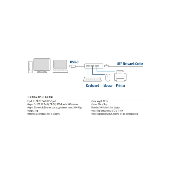 ACT USB-C to USB-A Hub 3 ports with Gigabit Ethernet, metal