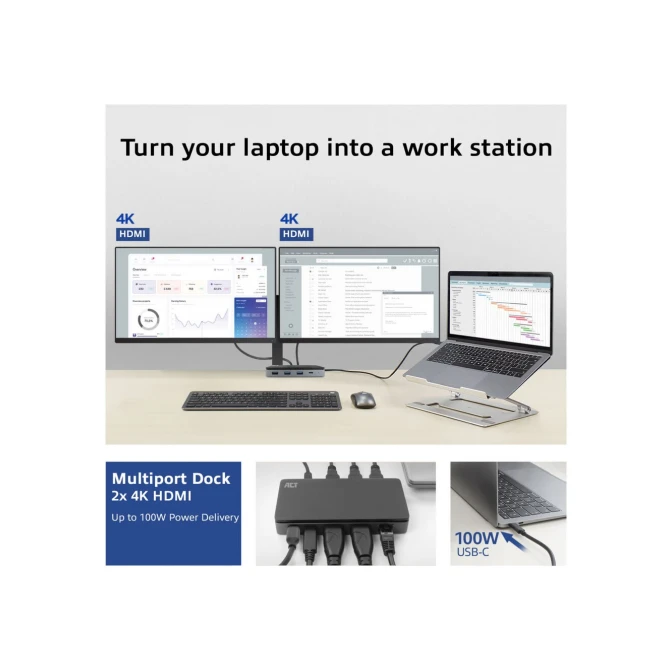 ACT USB-C 4K MST dockingstation voor 2 HDMI-monitoren, Ether