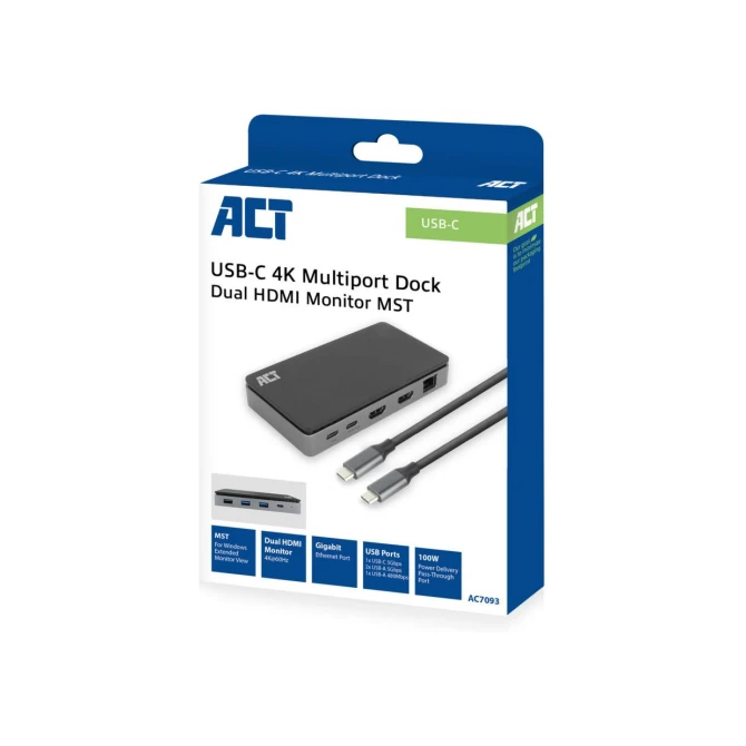 ACT USB-C 4K MST dockingstation voor 2 HDMI-monitoren, Ether