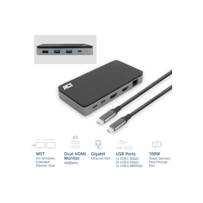 ACT USB-C 4K MST dockingstation voor 2 HDMI-monitoren, Ether
