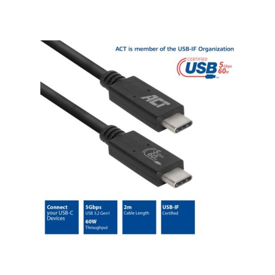 ACT AC7402 USB-kabel 2 m USB 3.2 Gen 1 (3.1 Gen 1) USB C Zwa ACT AC7402 USB-kabel 2 m USB 3.2 Gen 1 (3.1 Gen 1) USB C Zwa