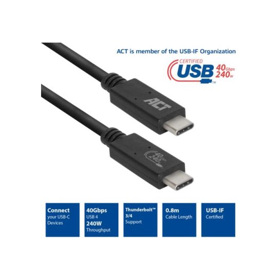 ACT AC7451 USB-kabel 0,8 m USB4 Gen 3x2 USB C Zwart ACT AC7451 USB-kabel 0,8 m USB4 Gen 3x2 USB C Zwart
