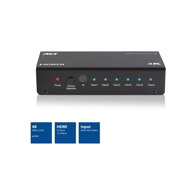 ACT AC7840 HDMI Switch | 5 Ingangen | 1 Uitgang | 4K @ 30Hz | Inclusief Afstandsbediening