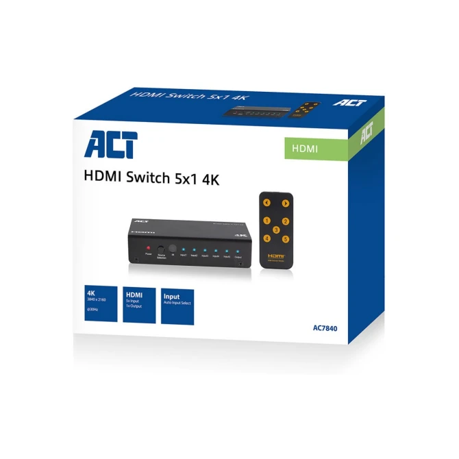 ACT AC7840 HDMI Switch | 5 Ingangen | 1 Uitgang | 4K @ 30Hz | Inclusief Afstandsbediening