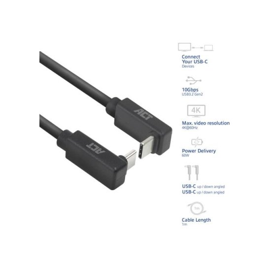 ACT USB 3.0 10Gbps 60W USB Type-C (haaks boven/beneden) naar ACT USB 3.0 10Gbps 60W USB Type-C (haaks boven/beneden) naar
