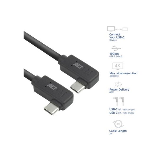 ACT USB 3.0 10Gbps 60W USB Type-C® (haaks links/rechts) naar ACT USB 3.0 10Gbps 60W USB Type-C® (haaks links/rechts) naar