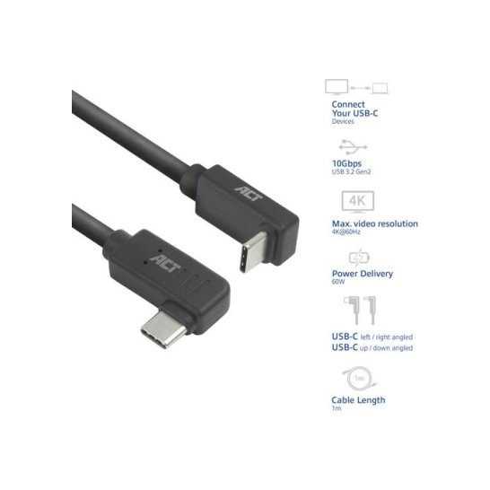ACT USB 3.0 10Gbps 60W USB Type-C (haaks links/rechts) naar ACT USB 3.0 10Gbps 60W USB Type-C (haaks links/rechts) naar