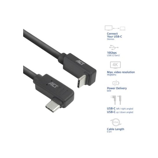 ACT USB 3.0 10Gbps 60W USB Type-C (haaks links/rechts) naar ACT USB 3.0 10Gbps 60W USB Type-C (haaks links/rechts) naar