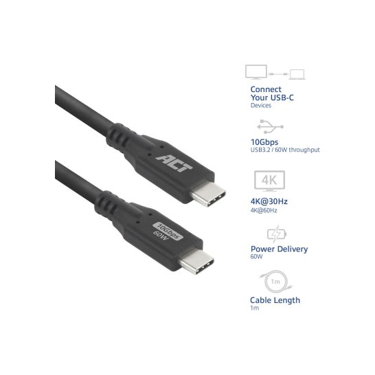 ACT USB 3.0 10Gbps 60W USB Type-C kabel, 1 meter ACT USB 3.0 10Gbps 60W USB Type-C kabel, 1 meter