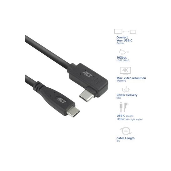 ACT USB 3.0 10Gbps 60W USB Type-C (recht) naar USB Type-C (h ACT USB 3.0 10Gbps 60W USB Type-C (recht) naar USB Type-C (h
