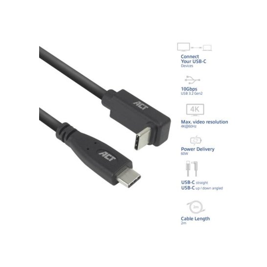 ACT USB 3.0 10Gbps 60W USB Type-C (recht) naar USB Type-C (h ACT USB 3.0 10Gbps 60W USB Type-C (recht) naar USB Type-C (h