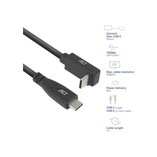 ACT USB 3.0 10Gbps 60W USB Type-C (recht) naar USB Type-C (h ACT USB 3.0 10Gbps 60W USB Type-C (recht) naar USB Type-C (h