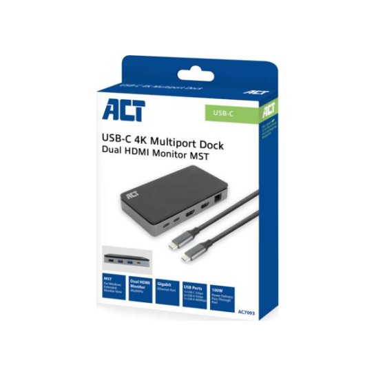 ACT USB-C 4K MST dockingstation voor 2 HDMI-monitoren, Ether ACT USB-C 4K MST dockingstation voor 2 HDMI-monitoren, Ether