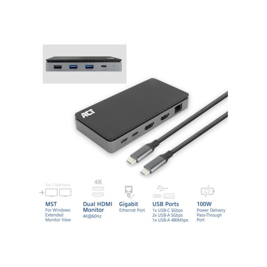 ACT USB-C 4K MST dockingstation voor 2 HDMI-monitoren, Ether