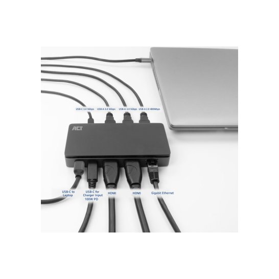 ACT USB-C 4K MST dockingstation voor 2 HDMI-monitoren, Ether