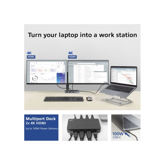 ACT USB-C 4K MST dockingstation voor 2 HDMI-monitoren, Ether