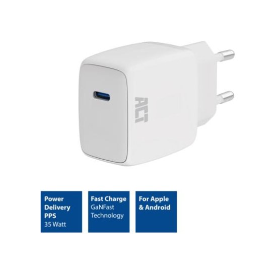 ACT USB-C Lader 35W met Power Delivery PPS en GaNFast ACT USB-C Lader 35W met Power Delivery PPS en GaNFast