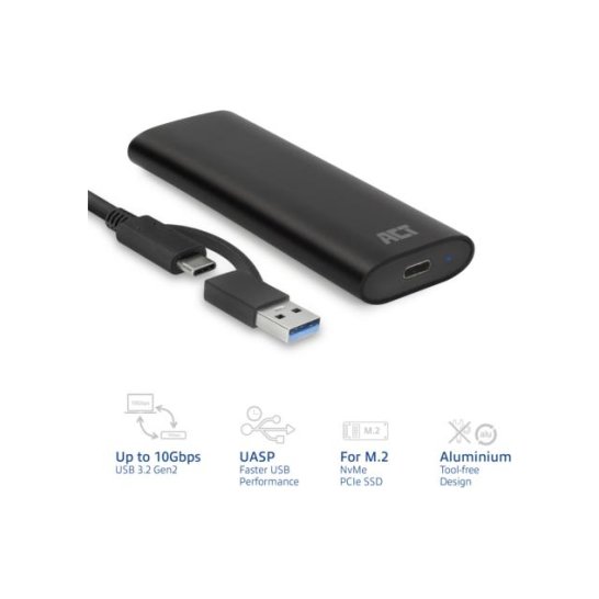 ACT USB-C M.2 NVMe / PCIe SSD Behuizing, tool-free ACT USB-C M.2 NVMe / PCIe SSD Behuizing, tool-free