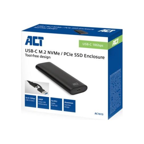 ACT USB-C M.2 NVMe / PCIe SSD Behuizing, tool-free ACT USB-C M.2 NVMe / PCIe SSD Behuizing, tool-free