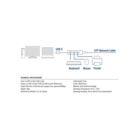 ACT USB-C to USB-A Hub 3 ports with Gigabit Ethernet, metal ACT USB-C to USB-A Hub 3 ports with Gigabit Ethernet, metal