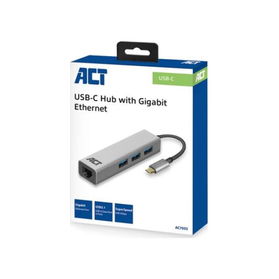 ACT USB-C to USB-A Hub 3 ports with Gigabit Ethernet, metal ACT USB-C to USB-A Hub 3 ports with Gigabit Ethernet, metal
