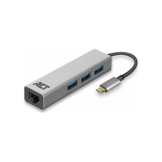 ACT USB-C to USB-A Hub 3 ports with Gigabit Ethernet, metal ACT USB-C to USB-A Hub 3 ports with Gigabit Ethernet, metal