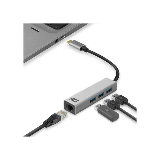 ACT USB-C to USB-A Hub 3 ports with Gigabit Ethernet, metal ACT USB-C to USB-A Hub 3 ports with Gigabit Ethernet, metal