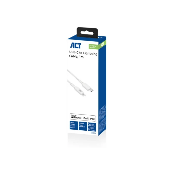 ACT AC3014 Lightning-kabel 1 m Wit