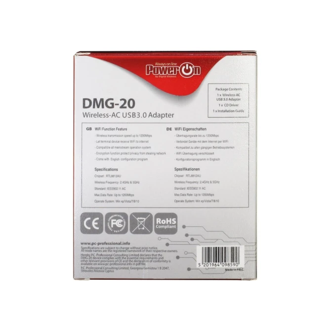 Inter-Tech DMG-20 | Wi-Fi 5 USB Adapter | 867 Mbps | Dual-band (2,4 GHz / 5 GHz) | USB 3.0 | Zwart