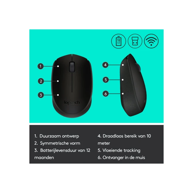 Logitech M171 | Draadloze Muis | Links- en Rechtshandig | RF | 1000 DPI | Zwart