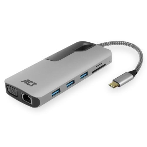 ACT AC7043 USB-C naar HDMI of VGA multiport adapter met ethe